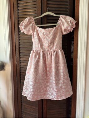 Pink Silk Puff-Sleeve Jacquard Floral Dress